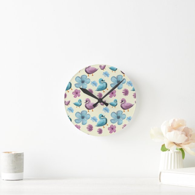 Cute Duck Floral Pattern Aesthetic Pastel Kawaii B Round Clock (Home)