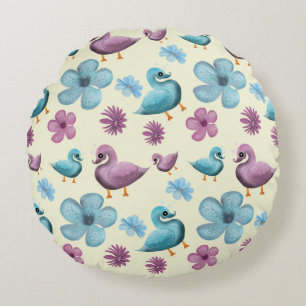 Cute Duck Floral Pattern Aesthetic Pastel Kawaii B Round Cushion