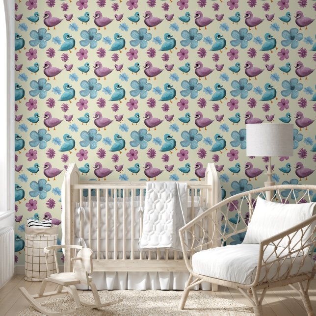 Cute Duck Floral Pattern Aesthetic Pastel Kawaii B Wallpaper (Kids)
