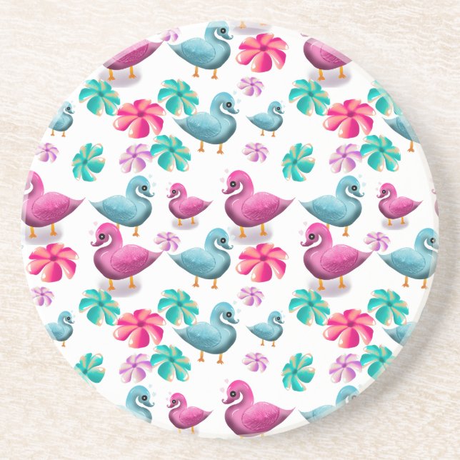 Cute Duck Floral Pattern Kawaii Pink Blue Ducks  Coaster (Front)