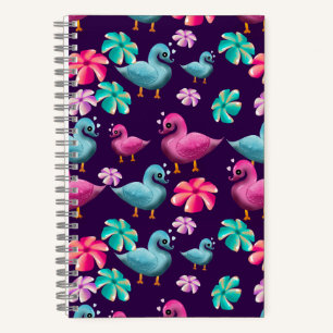 Cute Duck Floral Pattern Kawaii Pink Blue Ducks Notebook