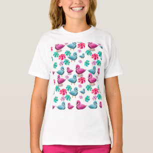 Cute Duck Floral Pattern Kawaii Pink Blue Ducks  T-Shirt
