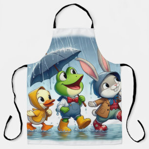 Cute duck, frog, bunny in the rain apron