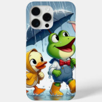 Cute duck, frog, bunny in the rain