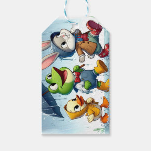 Cute duck, frog, bunny in the rain gift tags