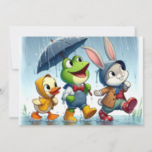 Cute duck, frog, bunny in the rain holiday card
