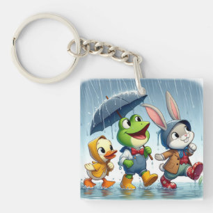 Cute duck, frog, bunny in the rain key ring