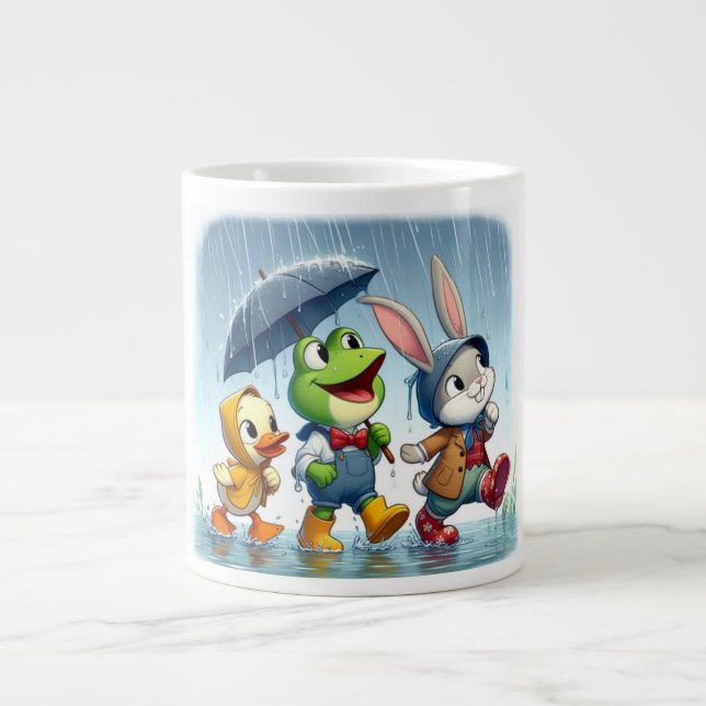 Cute duck, frog, bunny in the rain large coffee mug (Front)