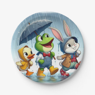 Cute duck, frog, bunny in the rain paper plate