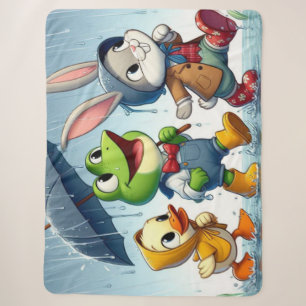 Cute duck, frog, bunny in the rain sherpa blanket