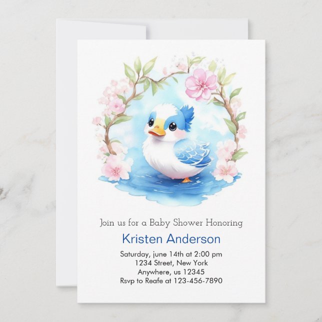 Cute Duck Meadow Blue Boy Baby Shower Invitation (Front)