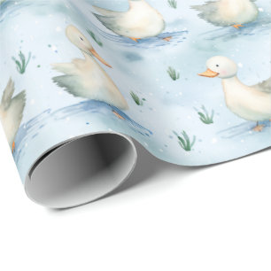 Cute Duck Pond Baby Boy Pattern,Watercolor Nursery Wrapping Paper