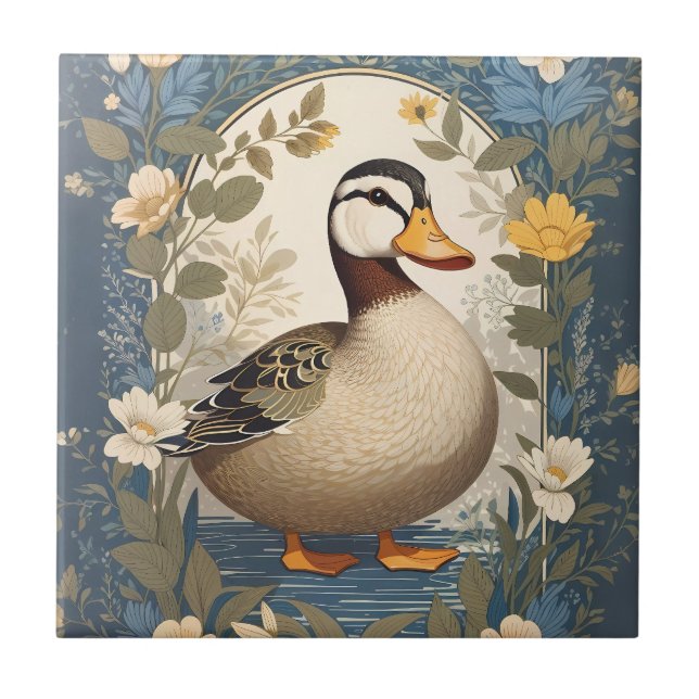 Cute Duck Vintage Floral Nature Inspired Tile (Front)