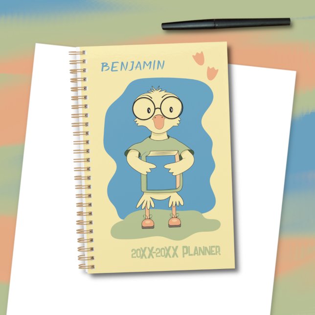 Cute Duck with Book Kid Yellow Academic Planner (Cute yellow duckling with book kid academic planner .)