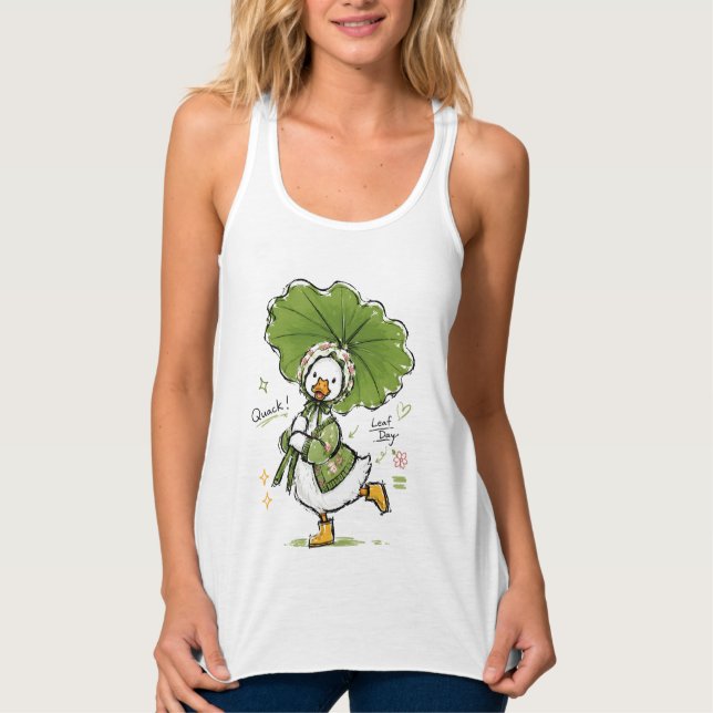 Cute Duck with Leaf Umbrella & Floral Bonnet  Singlet (Front)