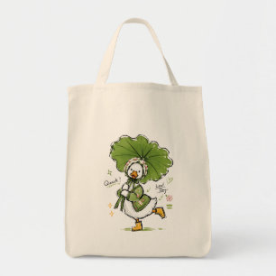 Cute Duck with Leaf Umbrella & Floral Bonnet Tote Bag