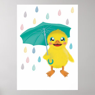 Cute Duck With Umbrella In Rainbow Rain  Poster