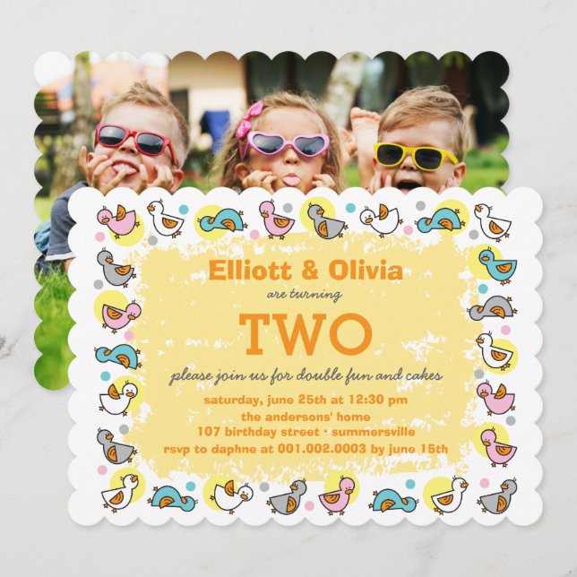 Cute Duckies Boy Girl Twins Joint Birthday Party Invitation (Front/Back)