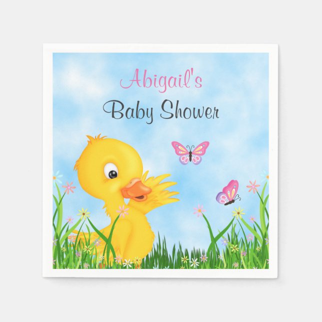 Cute Duckling and Butterflies Girl Baby Shower Napkin (Front)