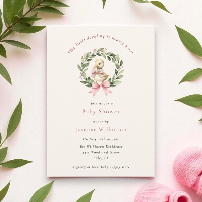 Cute Duckling Baby Shower Invitation with Pink Bow (Creator Uploaded)