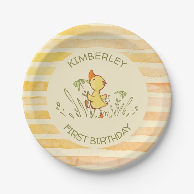 Cute Duckling First Birthday Party Paper Plate (Front)