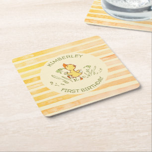 Cute Duckling First Birthday Party Square Paper Coaster