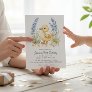 Cute Duckling Garden First Birthday QR Code  Invitation