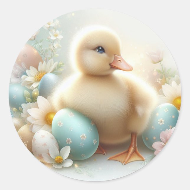 Cute Duckling with Easter Eggs and Spring Flowers Classic Round Sticker (Front)