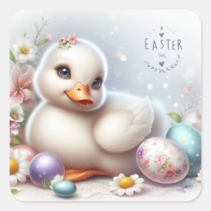 Cute Duckling with Easter Eggs and Spring Flowers Square Sticker