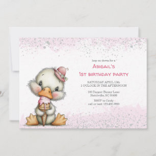 Cute Duckling with Pink Ice Cream Birthday Party Invitation