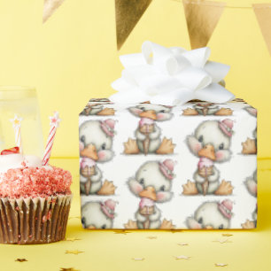 Cute Duckling with Pink Ice Cream Party Wrapping Paper