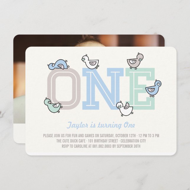 Cute Ducks Big One Boy 1st Birthday Party Invite (Front/Back)