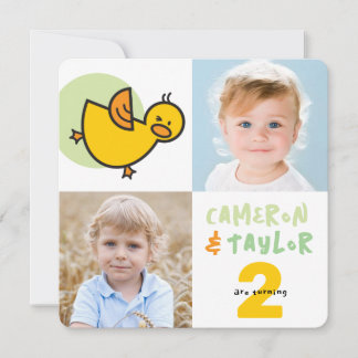 Cute Ducks Boy Girl Twins Joint Birthday Invite