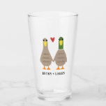 Cute Ducks Couple Holdindg Hands Personalised Glass<br><div class="desc">Enjoy a pint of your favourite cold beverage out of this unique 16 oz drinking glass. Cute mallard ducks holding hands with custom text for your names or slogan. Makes a fun personalised gift for newlyweds or for a wedding anniversary. Visit Jenn's Doodle World for more custom drinkware and whimsical...</div>