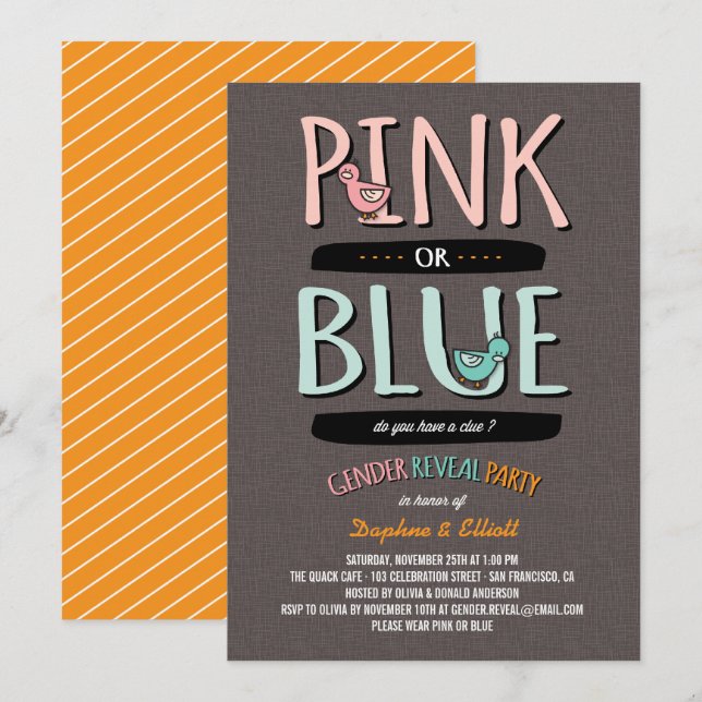 Cute Ducks Pink or Blue Baby Gender Reveal Party Invitation (Front/Back)