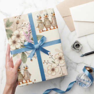 Cute Ducks With Floral Wrapping Paper