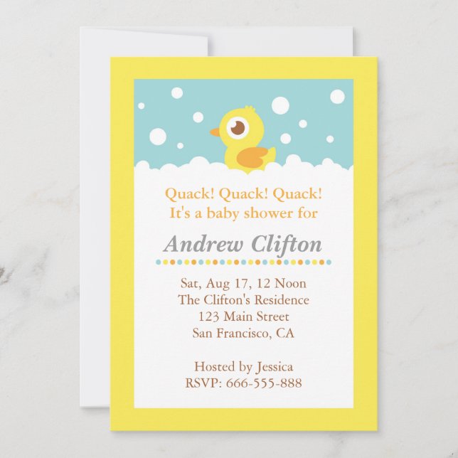Cute Ducky with Bubbles Baby Shower Party Invitation (Front)