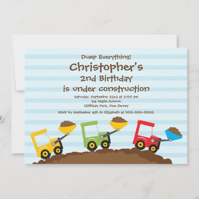Cute Dump Trucks Boys Birthday Party Invitations (Front)