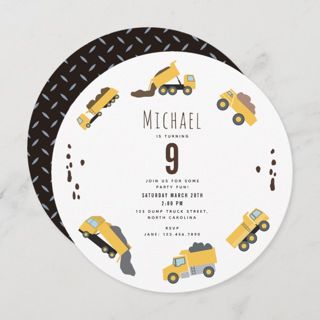 Cute Dump Trucks Construction Cicle Birthday Invitation (Front/Back)