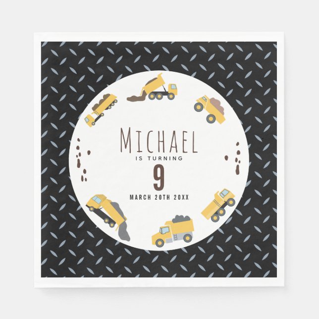 Cute Dump Trucks Construction Trucks Birthday Napkin (Front)