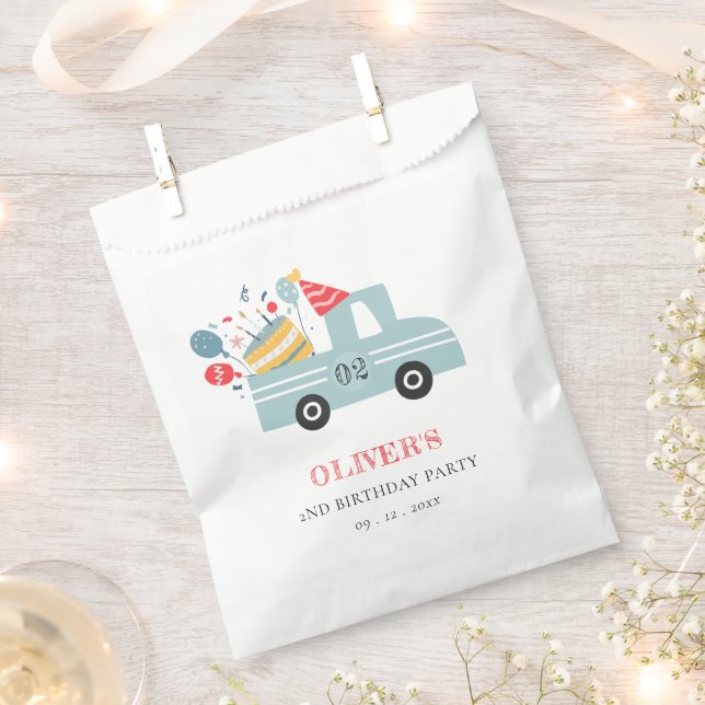 Cute Dusky Blue Any Age Birthday Party Cake Truck Favour Bags (Clipped)