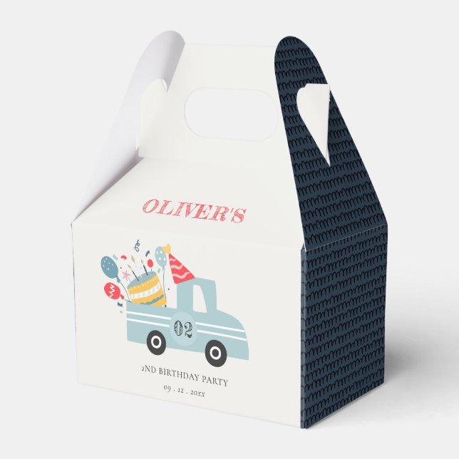 Cute Dusky Blue Any Age Birthday Party Cake Truck Favour Box (Front Side)