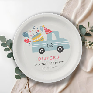 Cute Dusky Blue Any Age Birthday Party Cake Truck Paper Plate