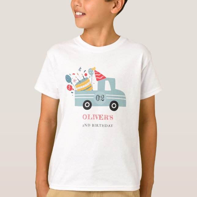 Cute Dusky Blue Any Age Birthday Party Cake Truck T-Shirt (Front)