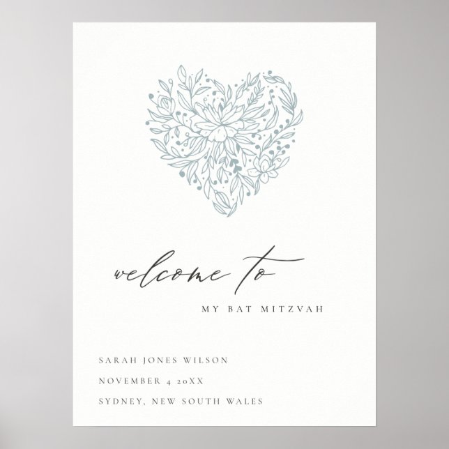Cute Dusky Blue Floral Heart Bat Mitzvah Welcome Poster (Front)