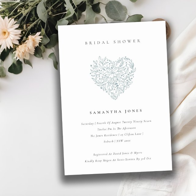 Cute Dusky Blue Floral Heart Bridal Shower Invite (Creator Uploaded)