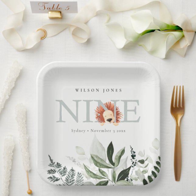 Cute Dusky Blue Lion Foliage 9th Ninth Birthday Paper Plate (Wedding)