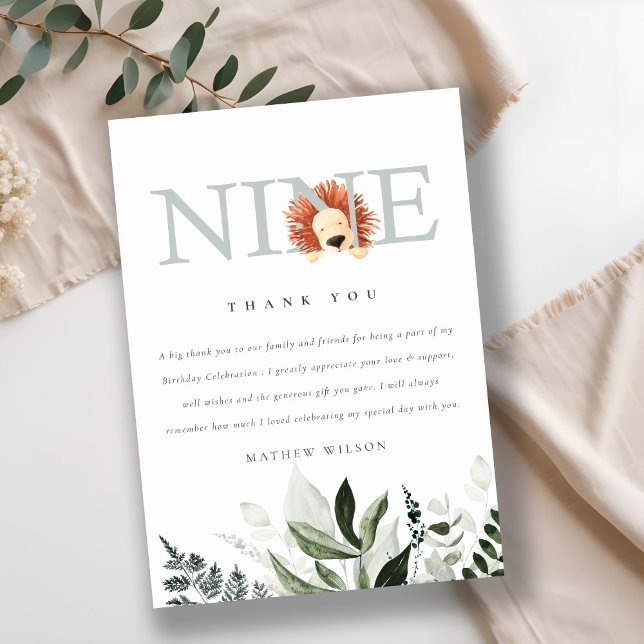Cute Dusky Blue Lion Foliage 9th Ninth Birthday Thank You Card (Creator Uploaded)