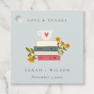 Cute Dusky Blue Stacked Storybooks Floral Wedding Favour Tags