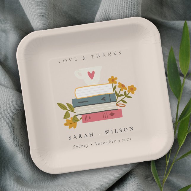 Cute Dusky Blush Stacked Storybooks Floral Wedding Paper Plate (Creator Uploaded)